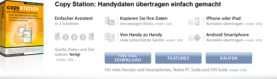 Mit der Mobile Master Copy Station übertragen Sie einfach per Assistent Ihre Daten vom alten auf ein neues iPhone, Android, Samsung Galaxy Handy oder Smartphone.